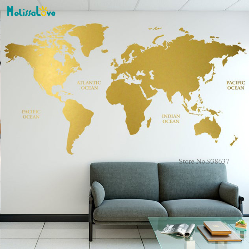 Office Furniture World - Altın dünya haritası çıkartması geometrik duvar