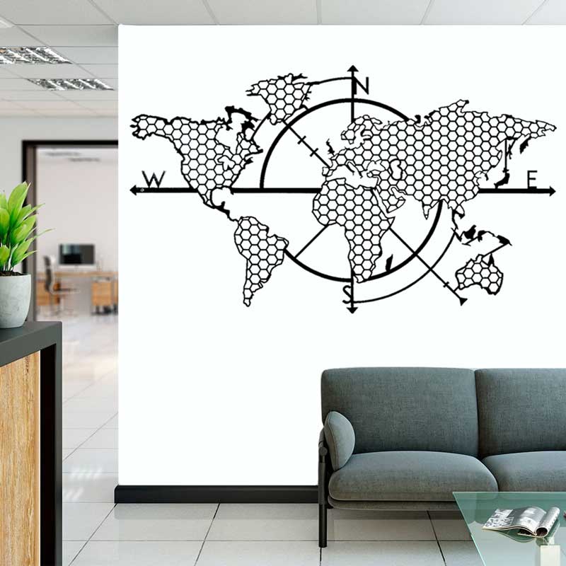Office Furniture World - Petek Geometrik Dünya Haritası Pusula Vinil